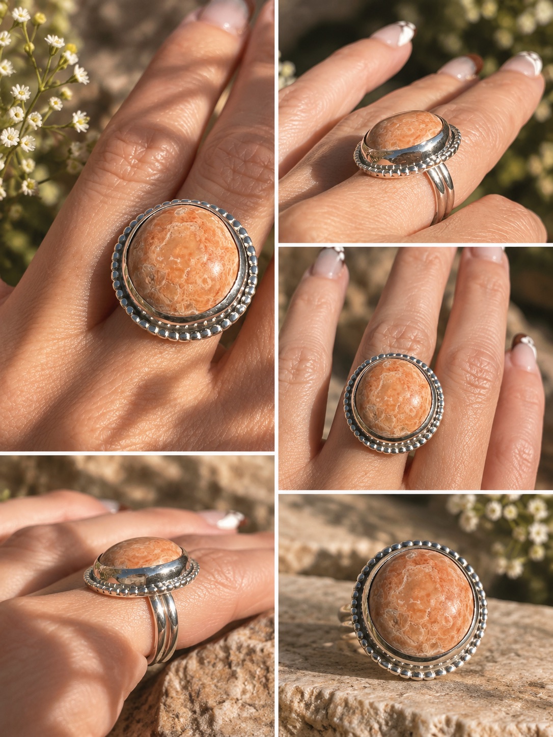 A fossilized coral ring in a beaded sterling silver bezel, worn on the hand